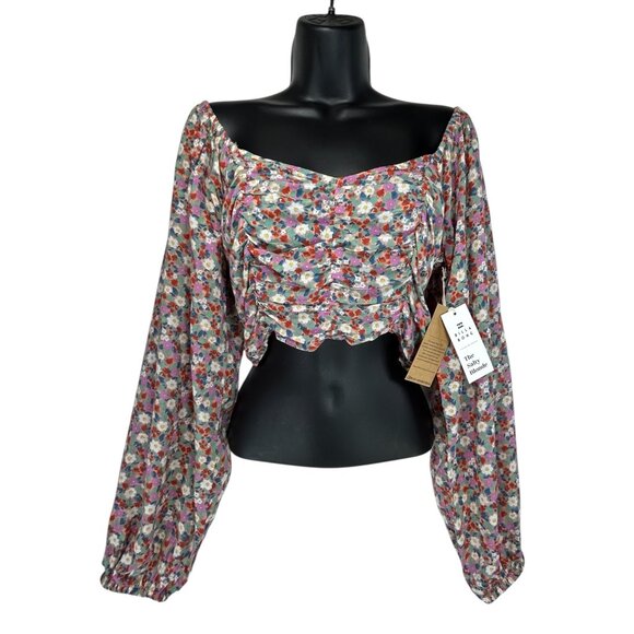 BILLABONG THE SALTY BLONDE Free Love Crop Top Sz M Multicolor Floral Puff Sleeve - Picture 2 of 16